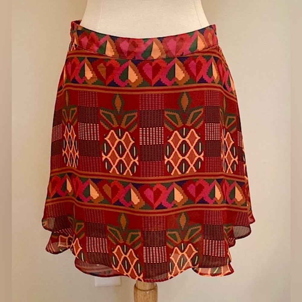 FARM RIO Orange Yellow Pineapple Tribal Print L Boho Brazilian Style Mini Skirt